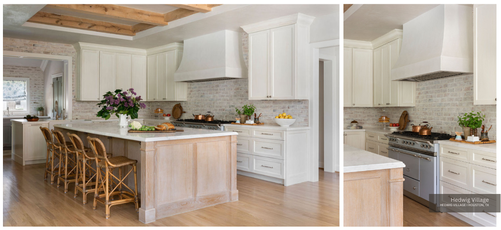 Hedwig Village kitchen with white-washed wood island and cane chairs