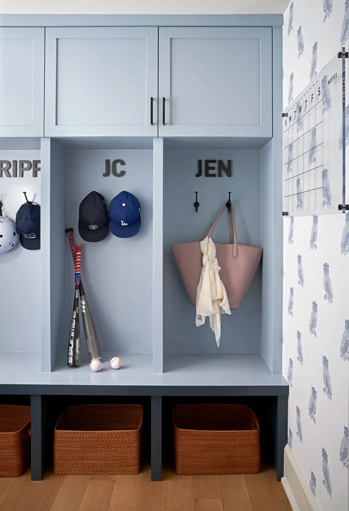 These personalized cubbies keep a young-family organized, designed by Laura U Design Collective.