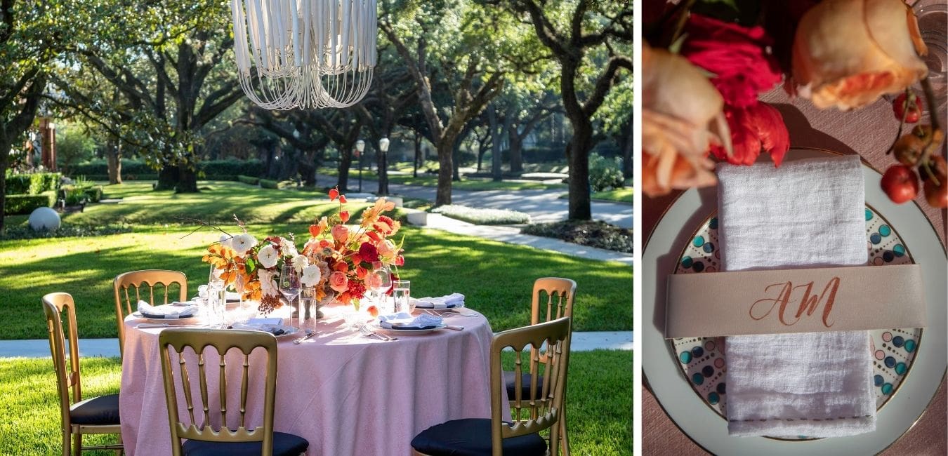 Outdoor dining experience with colorful flowers under an oak tree
