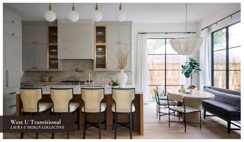 Transitional kitchen with light cabinetry, brass accents, woven counter stools, and a sculptural pendant above a breakfast area.
