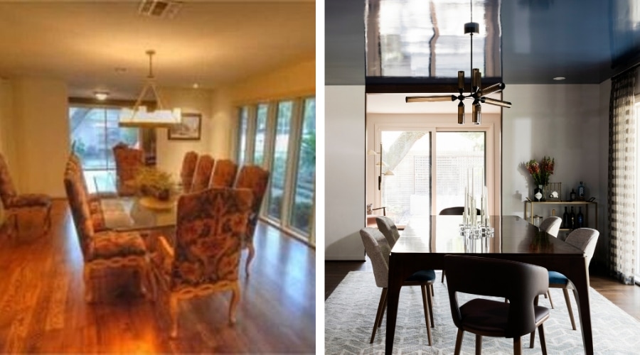 A before and after image of a dining room in a mid-century Houston home