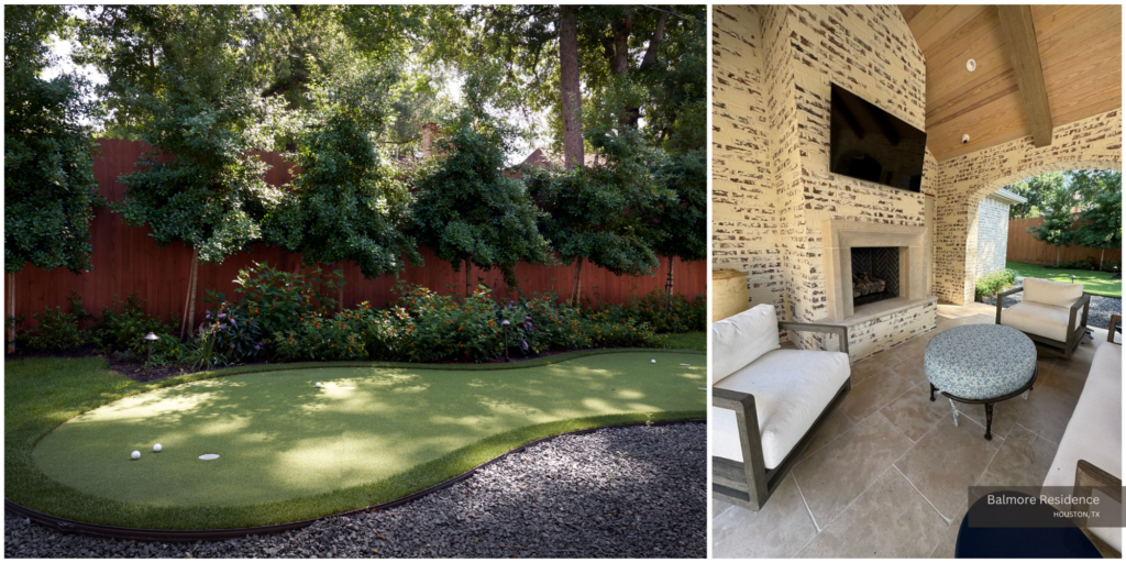 A putting green and loggia with fireplace and television