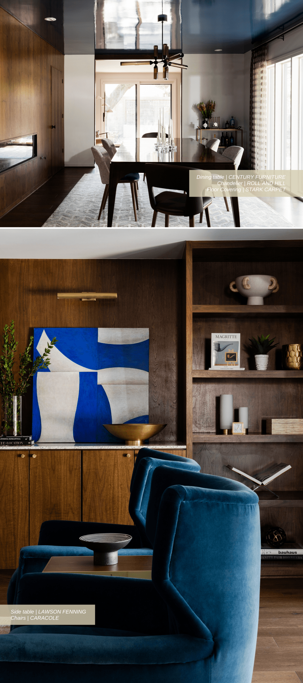 A mid-century home with dark woodwork and blue lacquered ceiling in dining room