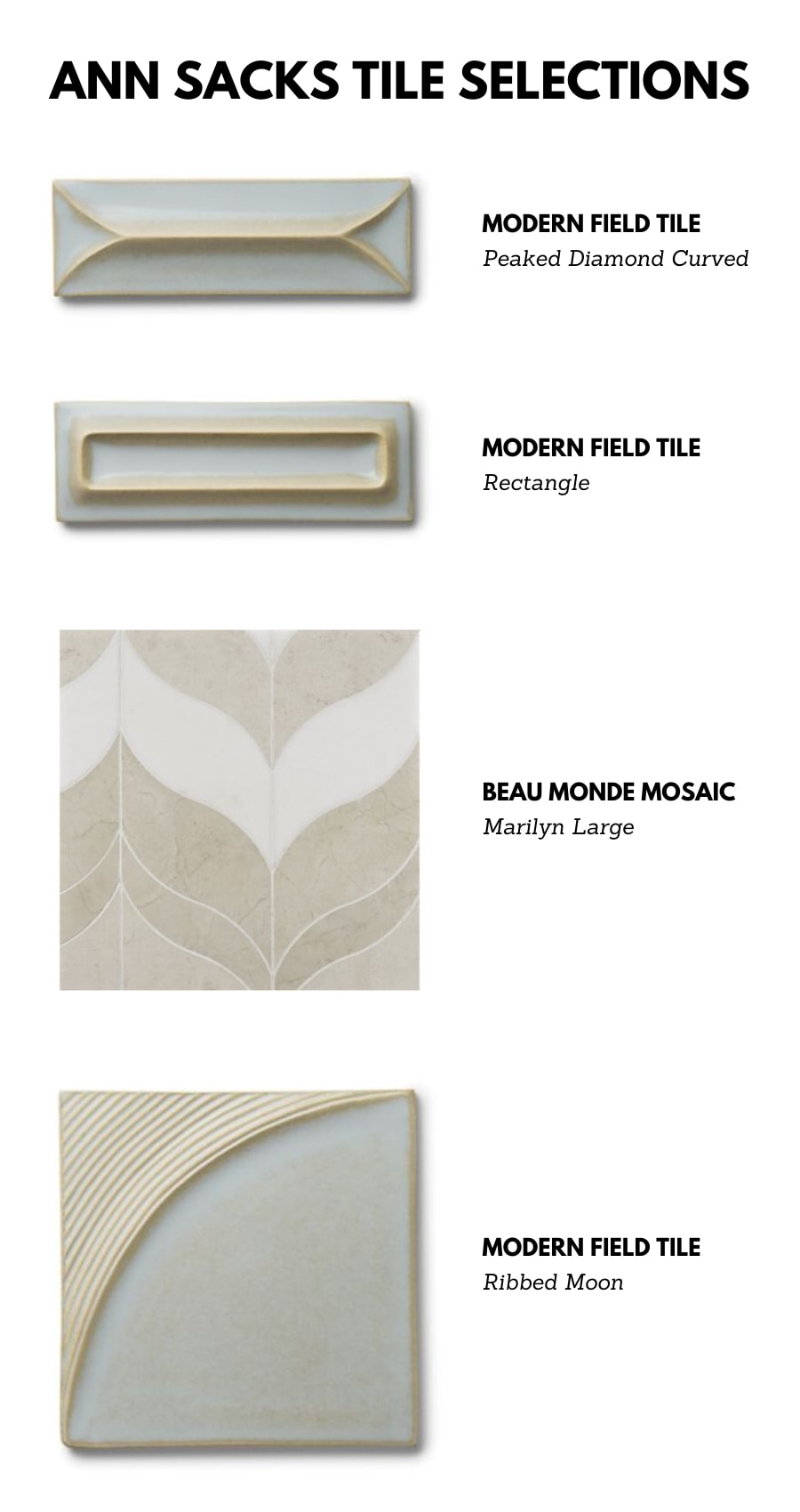 A selection of Ann Sacks tile used in a Houston home designed by Laura U