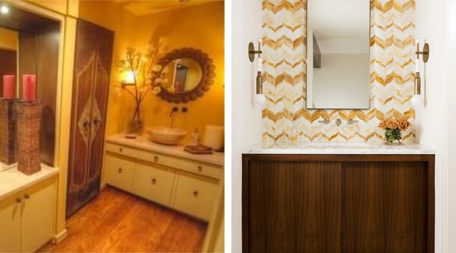 A side-by-side image of a mid-century home design in Houston