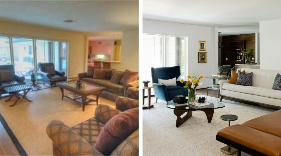 A side-by-side image of a living room before and after in Houston