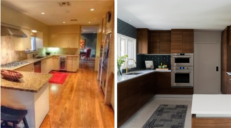 A side-by-side image of a mid-century home's kitchen, re-design by Laura U Design Collective