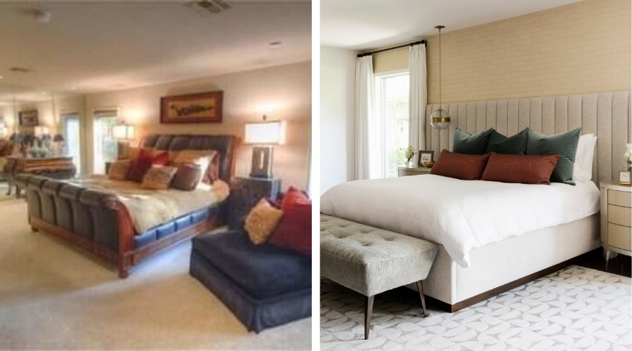 A side-by-side image of a bedroom before and after in Houston