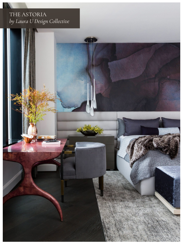 a muted jewel tone bedroom with bright pink desk and faux fur throw