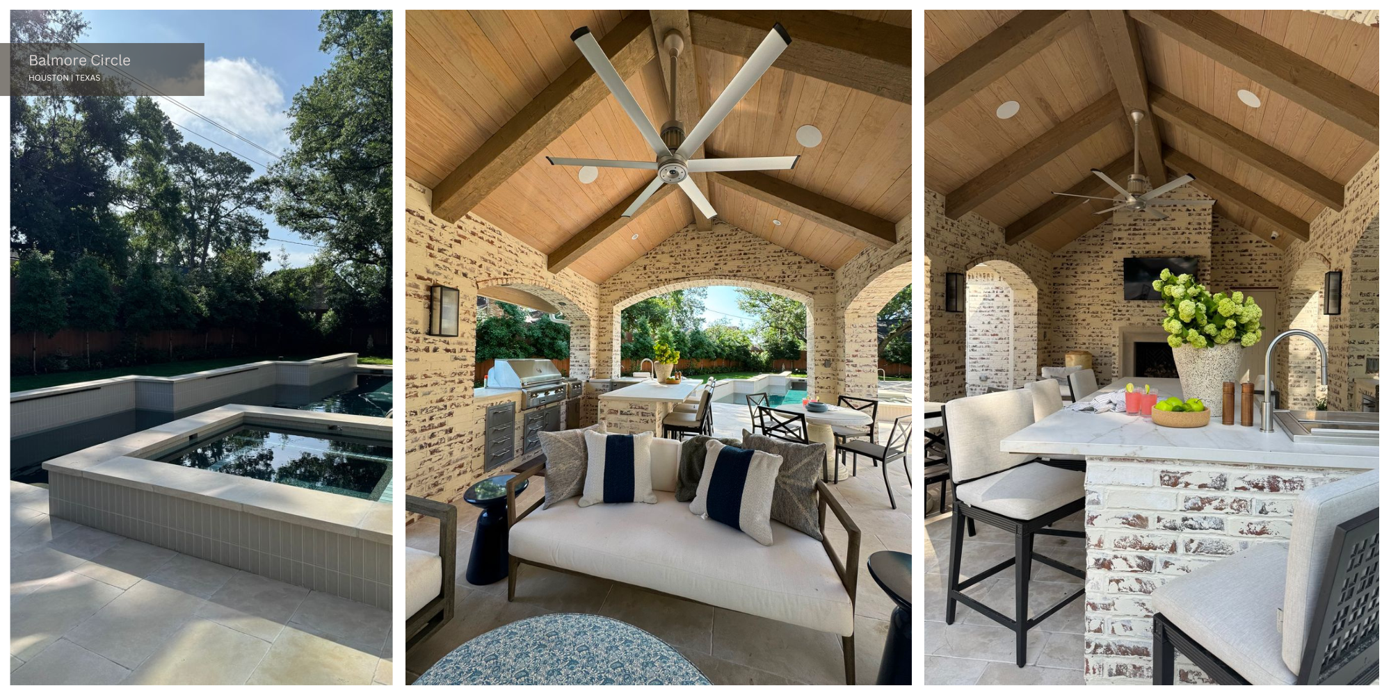 the loggia of our Balmore pool house is the perfect space to cool off on a hot summer day with its outdoor kitchen, fan, and seating area