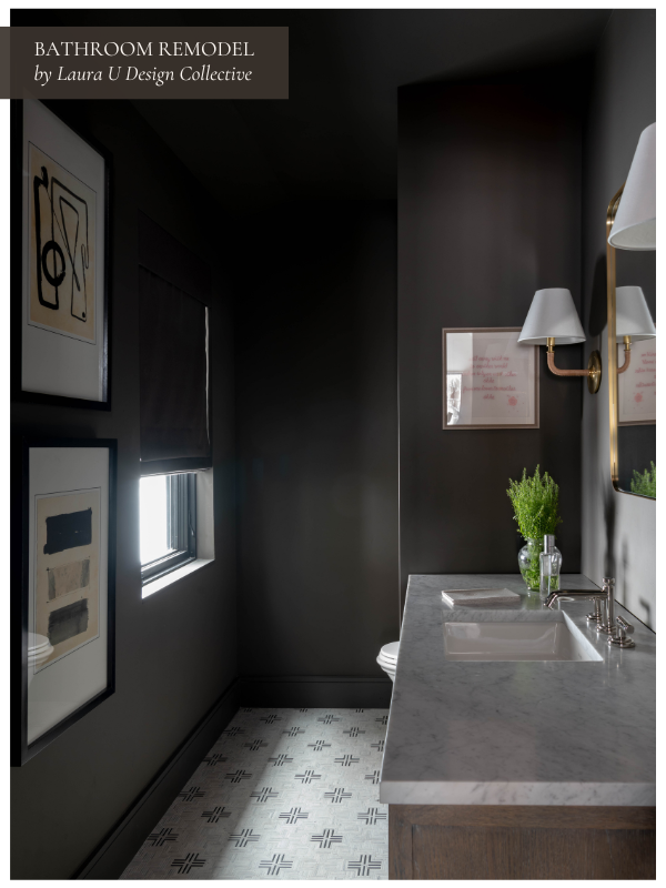 Sophisticated powder room with dark walls, custom lighting fixtures, and framed modern art. This half bathroom design demonstrates how a smaller space can undergo a stylish bathroom remodel with lower labor costs compared to full renovations.