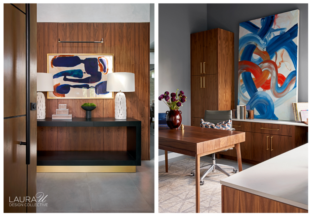 Braeswood interiors featuring a walnut-paneled entryway with an abstract painting and black console table alongside a contemporary home office with custom wood cabinetry and colorful oversized artwork.