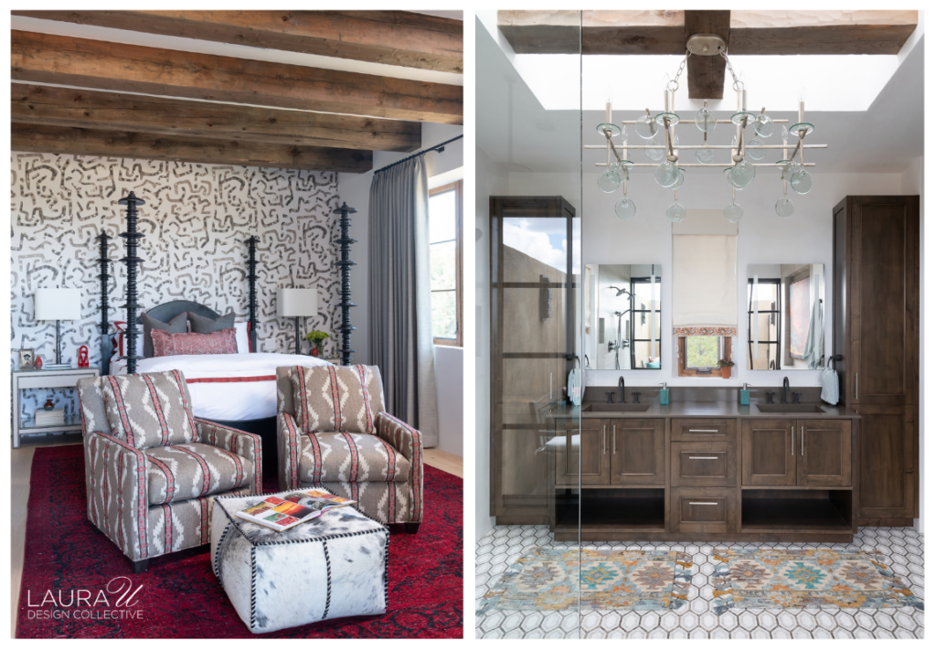 Camino Haciendas bedroom with a four-poster bed, geometric wallpaper, patterned armchairs, and a red rug, alongside a bathroom featuring a double wood vanity and glass chandelier.