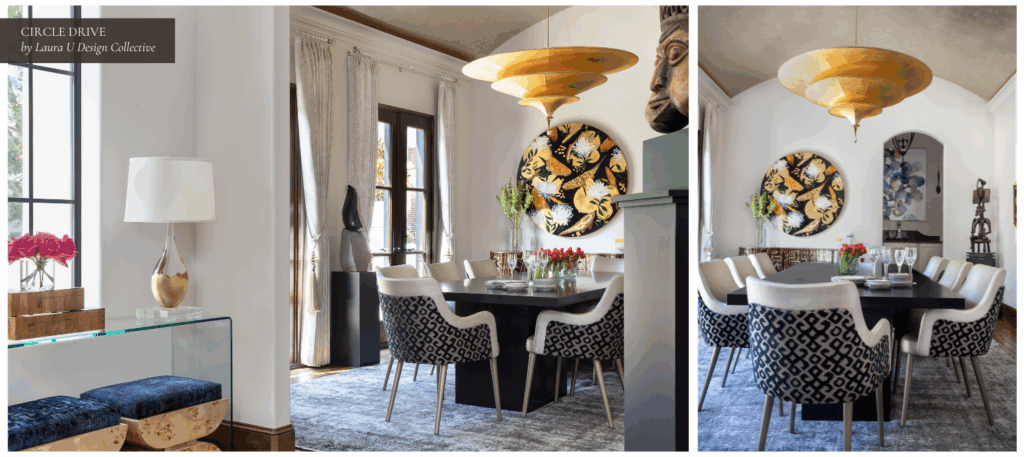 Formal dining room with sculptural gold pendant lighting, patterned chairs, and a bold round floral artwork