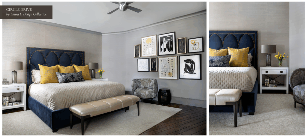 Guest bedroom with a navy velvet headboard, golden accent pillows, and a curated black-and-white gallery wall.