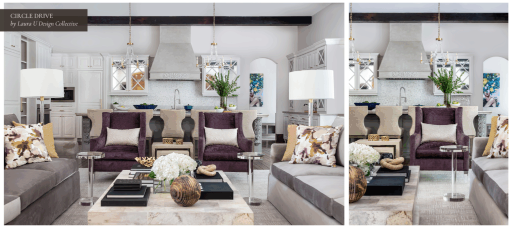 Sophisticated living space with neutral seating, layered textures, and warm wood tones.