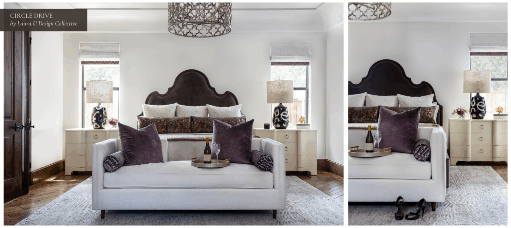 Primary bedroom with a dark velvet headboard, soft neutral bedding, and a cream loveseat