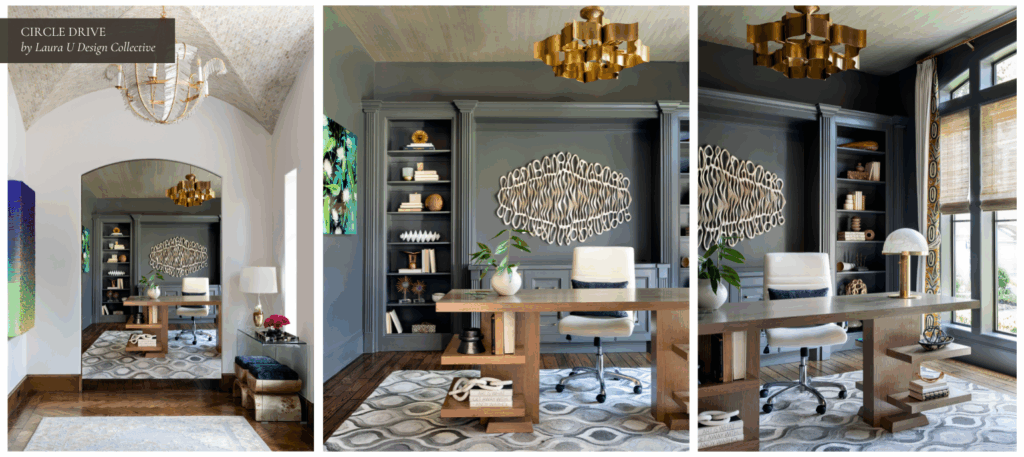 Dark-paneled study with a modern wooden desk, gold chandelier, and sculptural wall art