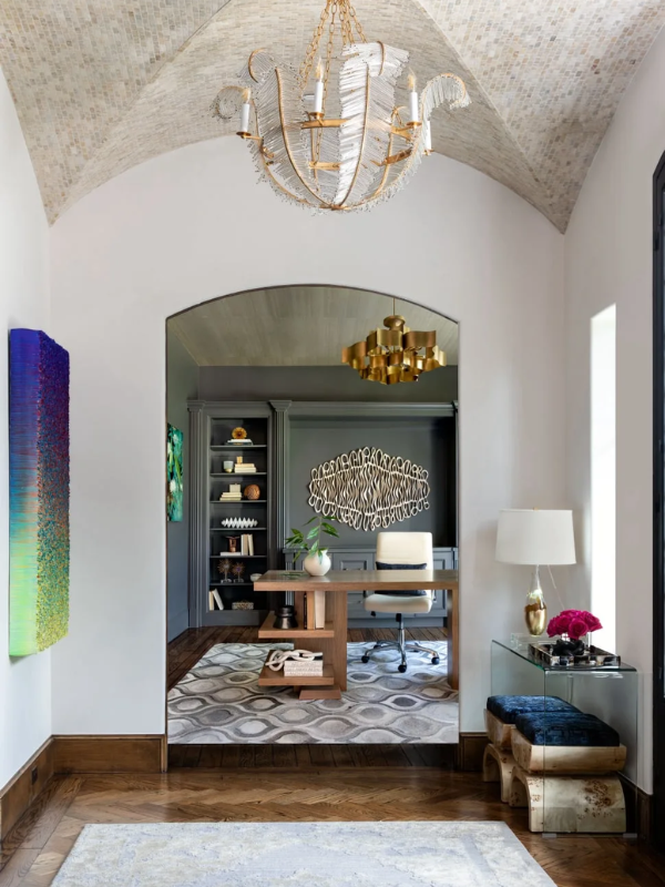 the Circle Drive study with upholstered stools