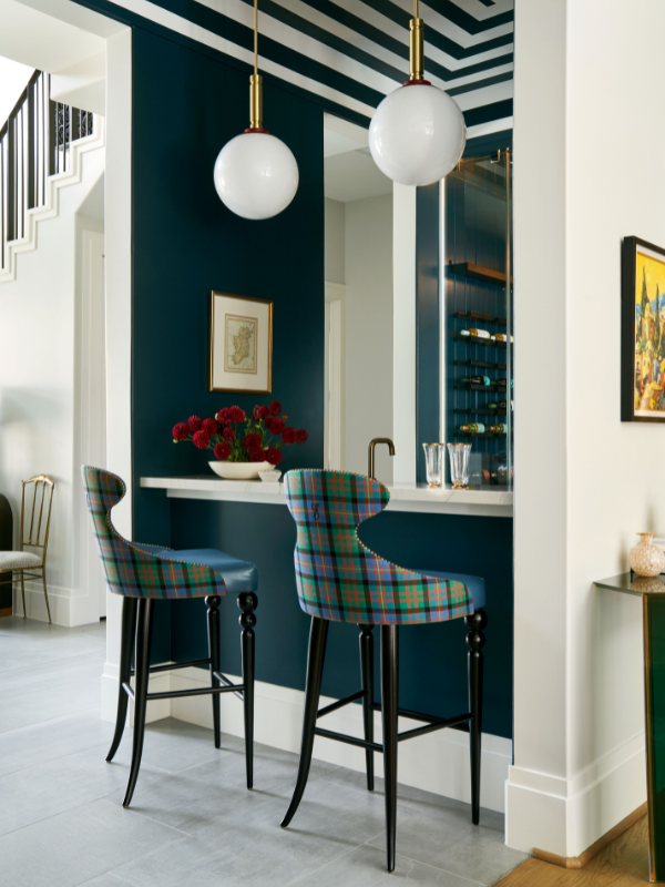 Highland Village Contemporary bar area with plaid upholstery