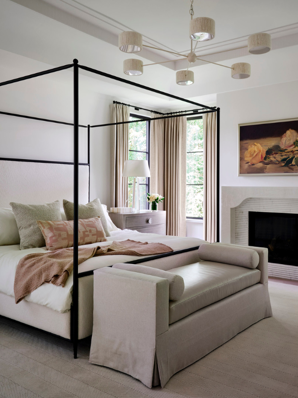 the primary bedroom at West University Transitional with shades of blush, putty, and beige