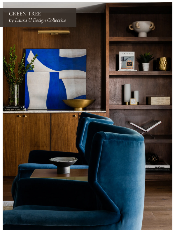 a midcentury modern study with blue accents and walnut cabinetry