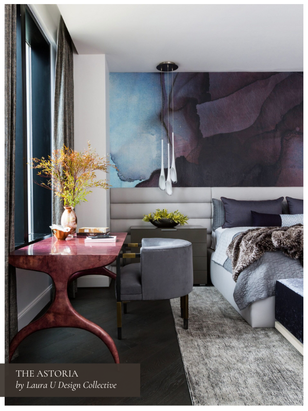 the bedroom in our Houston high-rise project The Astoria with purple tones, a pink desk, and a mural