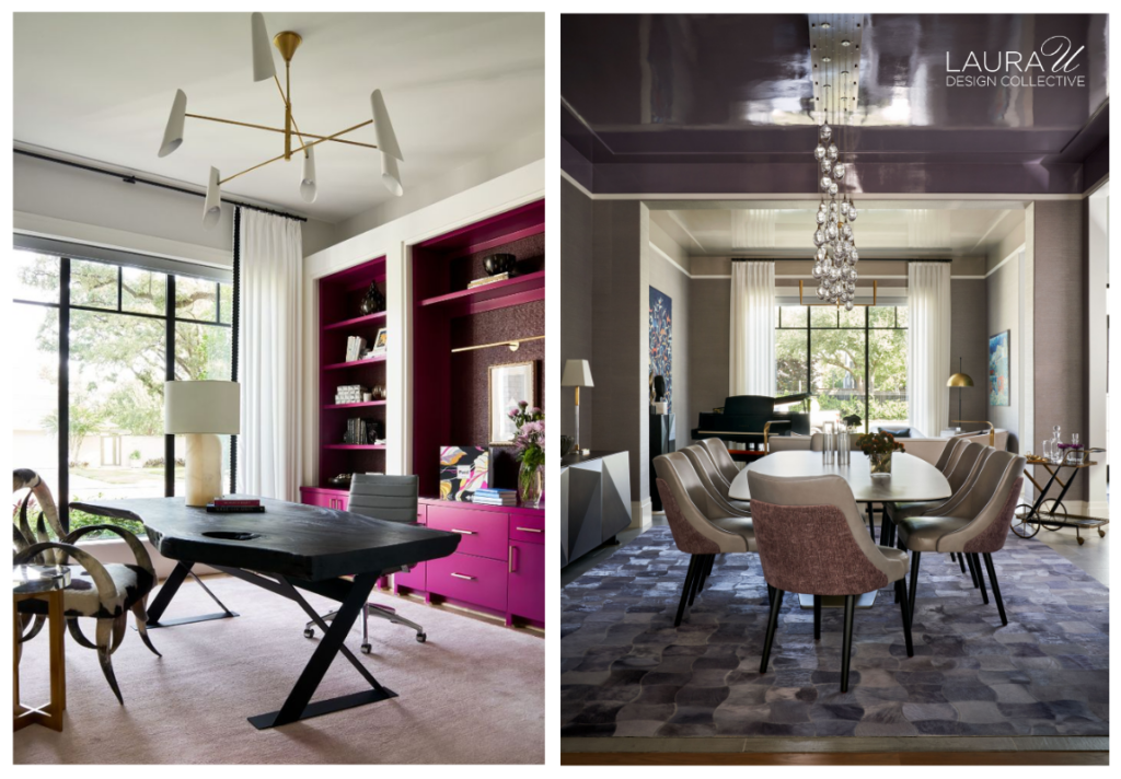 Two interiors from Highland Village, including a bright home office with fuchsia built-ins and a dining room with a glossy dark ceiling and sculptural lighting.