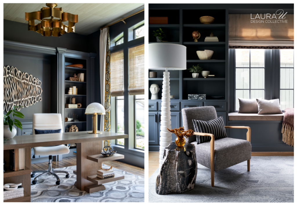 Two views of a dark blue home office with built-in shelving, a wood desk, sculptural lighting, a window seat, and styled books and objects.