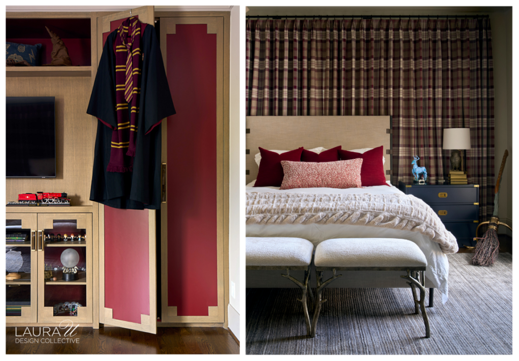 Hunter's Creek interiors featuring custom light wood cabinetry with burgundy panels and Harry Potter-inspired decor alongside a bedroom with plaid curtains, burgundy pillows, and navy bedside chests.