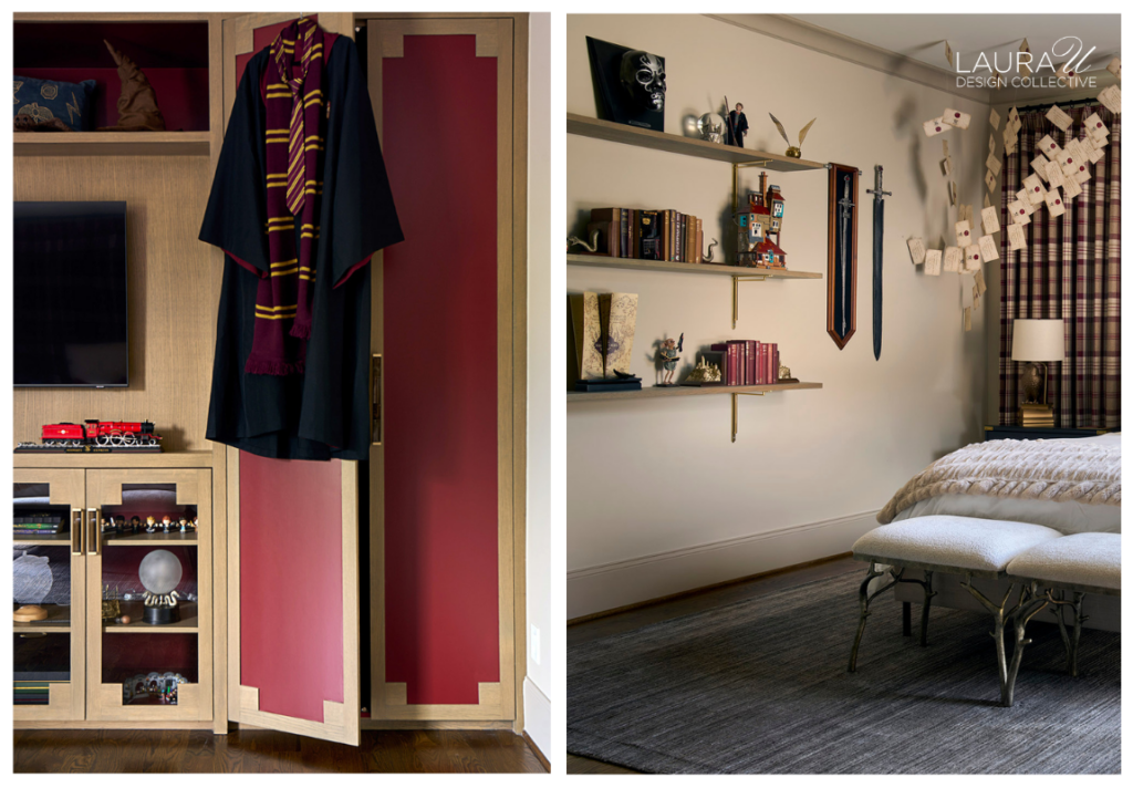 Two views of a Harry Potter-themed guest room with custom storage, display shelving, collectibles, books, robes, and wall-mounted memorabilia.