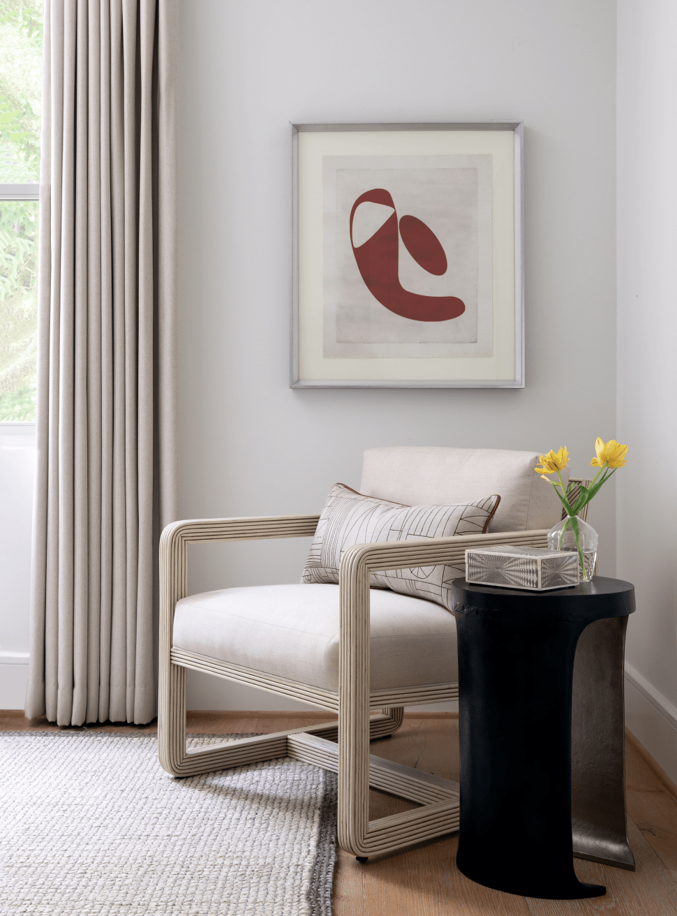 The sitting nook in the guest room at Dunstan, designed by Laura U