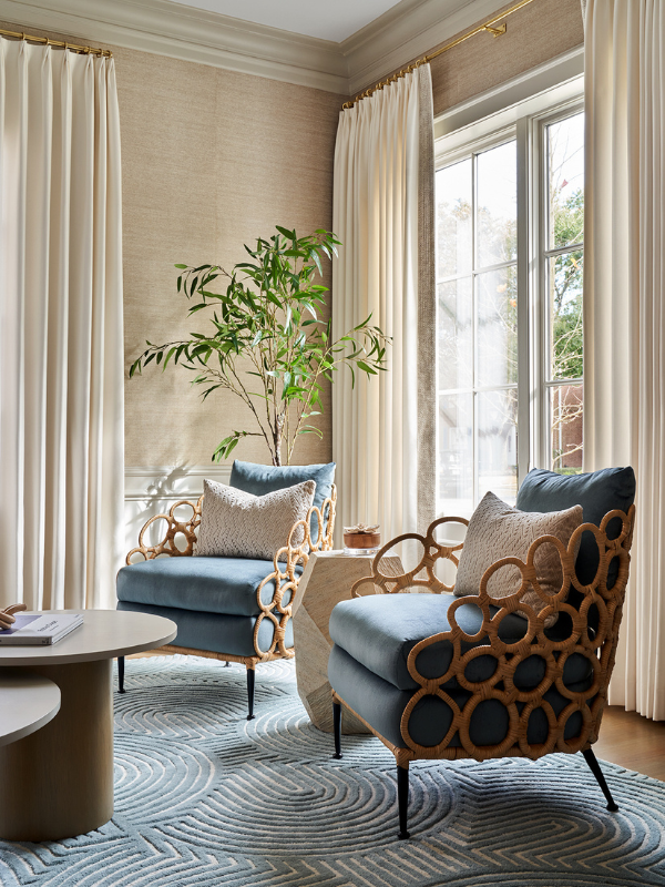 Phillip Jeffries wallcovering in the living room at University Place