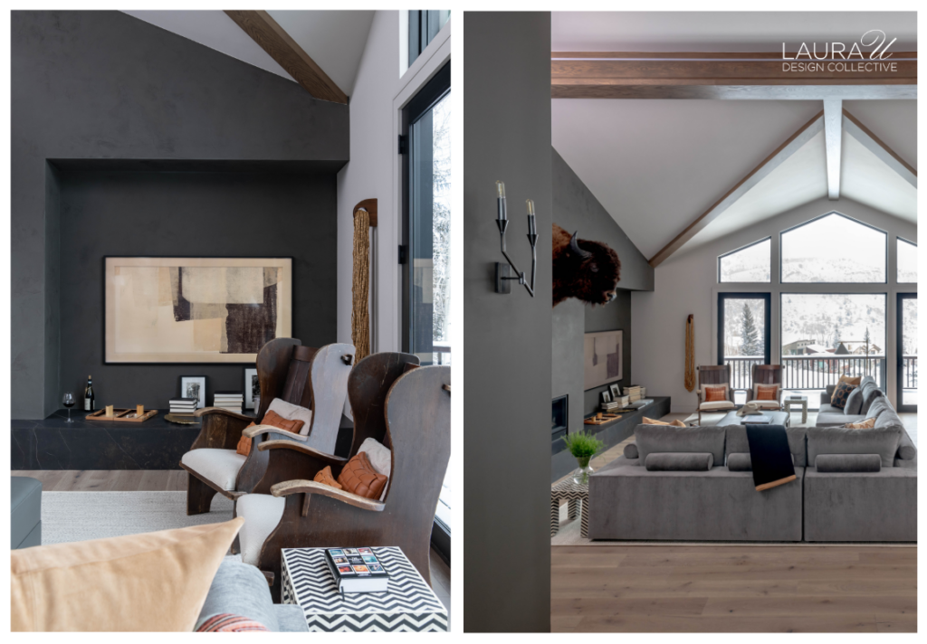 Two views of a modern Aspen living room with gray plaster walls, built-in display niches, a fireplace, vintage wood chairs, and mountain views.
