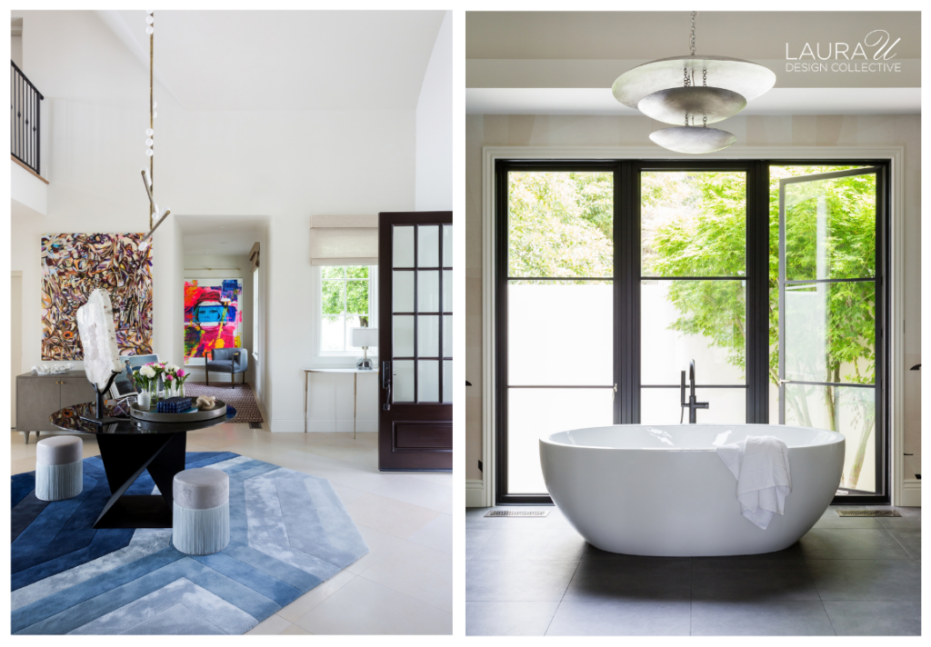 Two bright Pebble Beach interiors, including an art-filled entry with a blue geometric rug and a bathroom with a freestanding tub beside floor-to-ceiling windows.