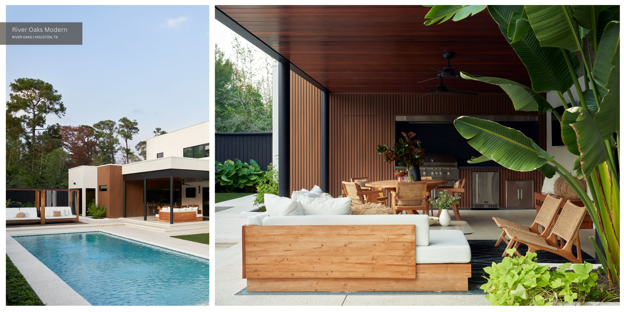 the pool and Bauhaus-style outdoor space at River Oaks Modern with leafy plants and a sparkling blue pool