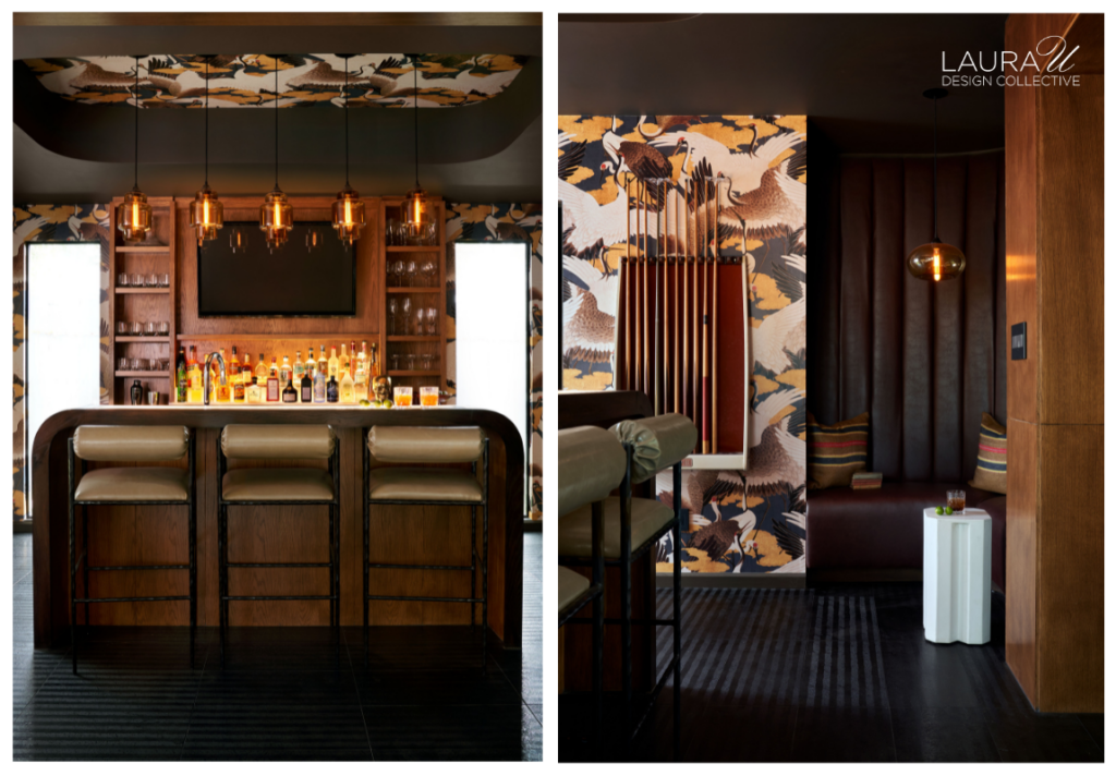 Two views of a dark home bar with crane-patterned wallpaper, warm amber pendant lighting, wood cabinetry, bar seating, and a built-in banquette.