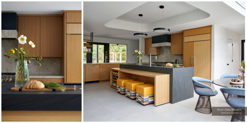 A blonde wood kitchen with a slate island and yellow and blue accents.