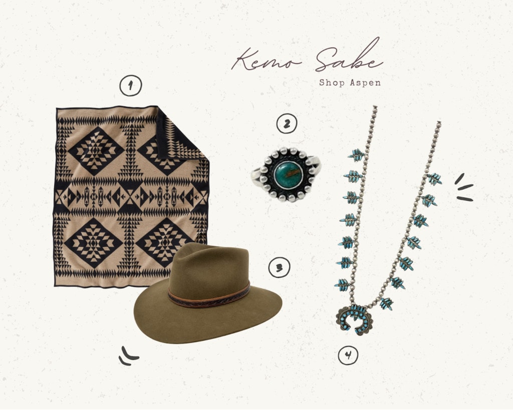 Selected pieces from Aspen boutique Kemo Sabe, including a throw blanket and jewelry