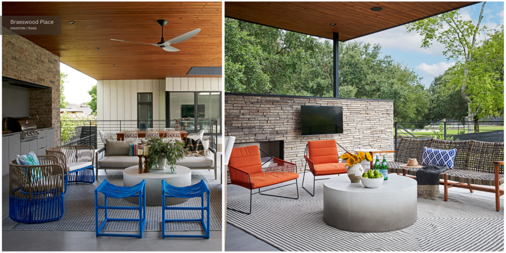 Colorful outdoor furniture under the covered porch of our Braeswood Place project