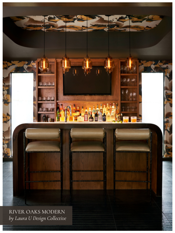 the Art Deco-inspired bar in our River Oaks Modern project with crane wallpaper, brass, and olive tones
