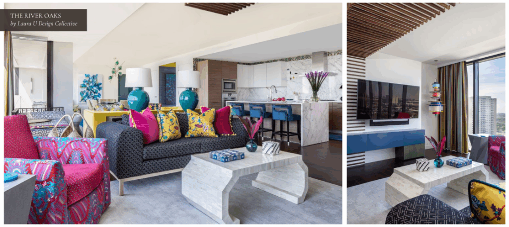 A colorful living room in a Houston high rise
