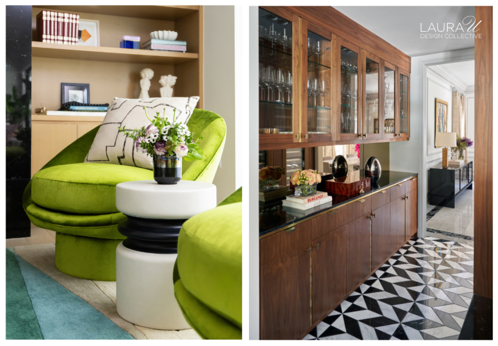 Two storage examples, including open shelving beside bright green lounge chairs and a walnut built-in with glass-front upper cabinets and closed storage below.