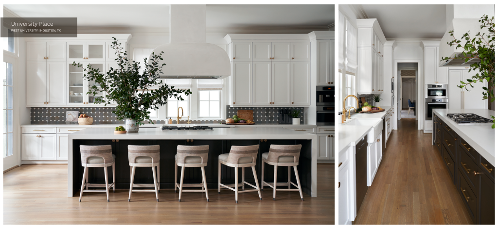 Large open kitchen with white cabinets and a black and brown kitchen island